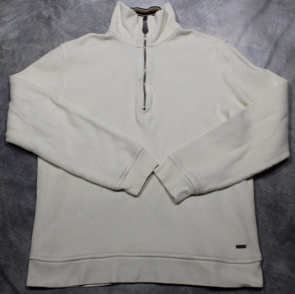 Barbour Sweater Mens Large White Cotton Quarter Zip Mock Neck Knit Pullover